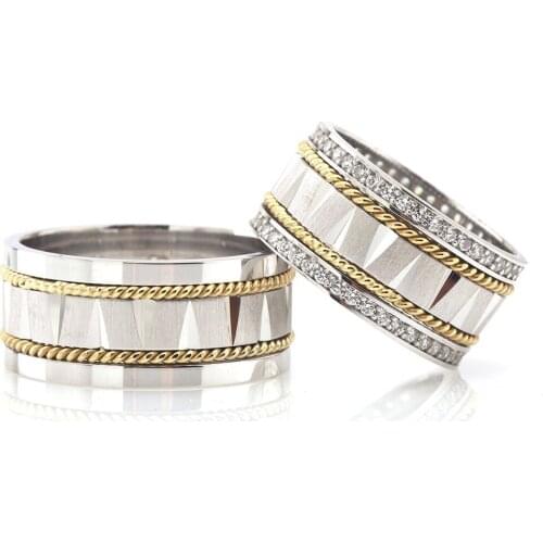 Tesbihane Double Row Mesh Design 925 Sterling Silver Couple Wedding Rings