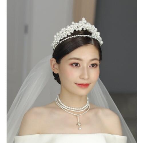 Double Layer Pearls Crystal Bridal Headbands Tiaras Hairbands Crown for Woman Wedding Hair Accessories tiara de cabelo com pedra
