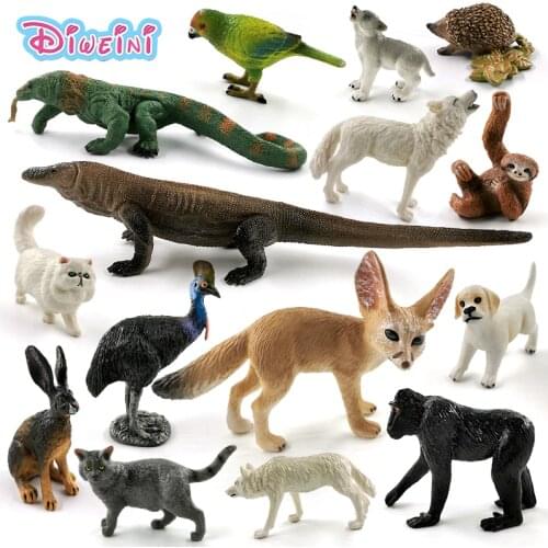 Komodo Dragon Wolf Dog Cat Sloth Rabbit Lizard Parrot Cormorant Fox Bat animal model action figure Educational toys for children