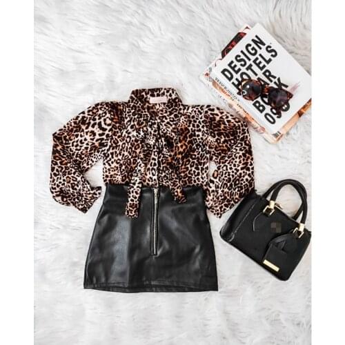 FOCUSNORM Autumn Fashion Baby Girls Clothes Sets 0-5Y Leopard Printed Long Sleeve Shirts Tops PU Leather A-Line Skirts 2pcs