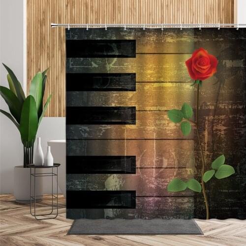 Rose Wooden Grain Piano Key Shower Curtain For Bathroom Decor Retro Wood Flower Print Waterproof Cloth Curtains Bath Accessories