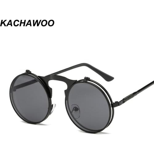Kachawoo retro steampunk round sunglasses for men black gold metal frame flip up sun glasses for women accessories 2018 UV400