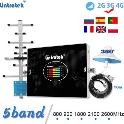 Lintratek Five 5Band 4G Signal Booster 4G 800 2G GSM 900 Repeater 1800 3G 2100 2600MHz 70db Omnidirection Cellular Amplifier