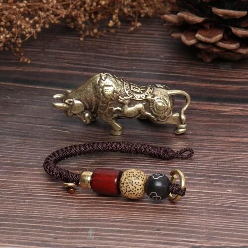 Mini Brass Figurine Of Ox Statue Cow Keychain Accessories Pendant Statue Decor Chinese Feng Shui Hanging Jewelry Decor