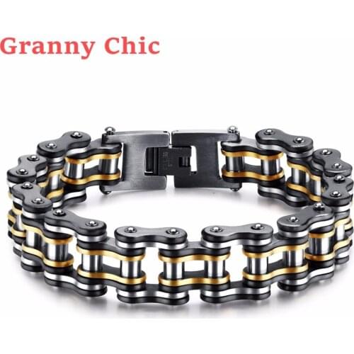 Granny Chic 8" Boys Men Bike Chain Bracelet Stainless Steel Biker Bicycle Motorcycle Link Chain Punk Heavy Jewelry 15mm Wide