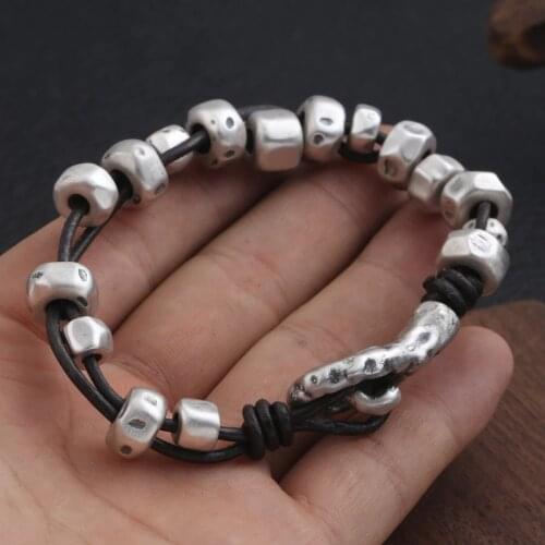 999 Sterling Silver color Men Women Creative 3D Leather Rope Bracelet Bangle Homme Fine Jewelry 2019 Friendship Charm Bracelet