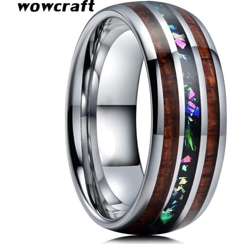 New arrival Tungsten Ring Opal for Men Women Wedding Band Real Multicolor Opal Chip Koa Wood Inlay Polished Shiny Comfort Fit