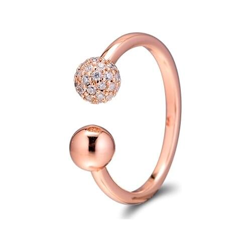 Rose Polished & Pave Bead Open Rings 100% Authentic 925 Sterling-Silver-Jewelry Free Shipping