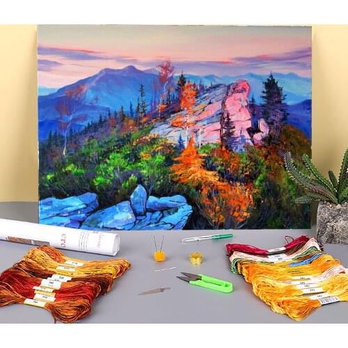 Landscape Evening In Gorgany Printed Fabric 11CT Cross-Stitch Patterns DIY Embroidery DMC Threads Handiwork Craft Hobby Gift