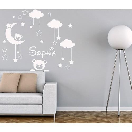 Custom Name Wallpaper Bear Moon Baby Wall Sticker Personalized Wall Decals For Kids Rooms Decor декор на стену Vinyl ph219
