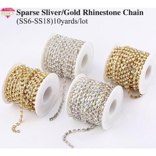 RESEN SS6-SS18 Silver/Gold Base Sparse Clear Crystal Rhinestone Chain Apparel Sewing Glass Rhinestone Cup Chain Crystal AB