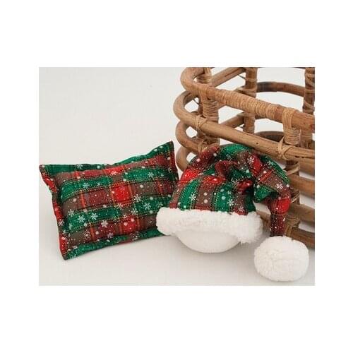 Christmas newborn baby plaid Hats and small pillow new year baby shooting theme infant photography props