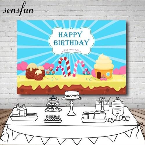 Sensfun Light Blue Pink Yellow Sweet Candy Bar Backdrops Cupcakes Girls Happy Birthday Party Photography Backgrounds 7x5ft Vinyl