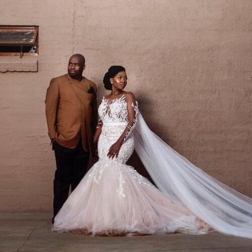 Aso Ebi Beading Appliques Mermaid Wedding Dress With Long Pearls Cape Illusions V-neck Tulle Wedding Gowns Africa Bridal Gown