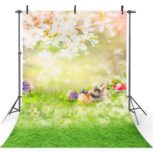 Spring Newborn Photo Background Happy Easter Rabbit Bokeh Peach Blossom Backdrop for Photo Studio Easter Eggs Green Grass Bunny