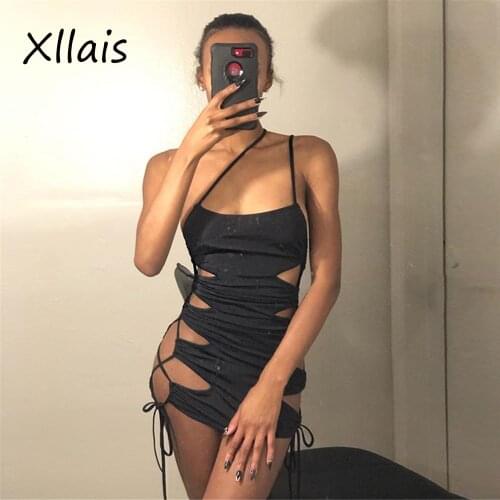 XLLAIS 2020 New Arrival Halter Spaghetti Strap Side Slite Lace Up Sexy And Club Birthday Party Bodycon Mini Vestidos Lady Dress