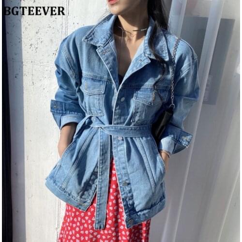 BGTEEVER Stylish Chic Women Single-breasted Denim Jacket Turn Down Collar Long Sleeve Lace-up Female Jeans Jackets Spring 2021