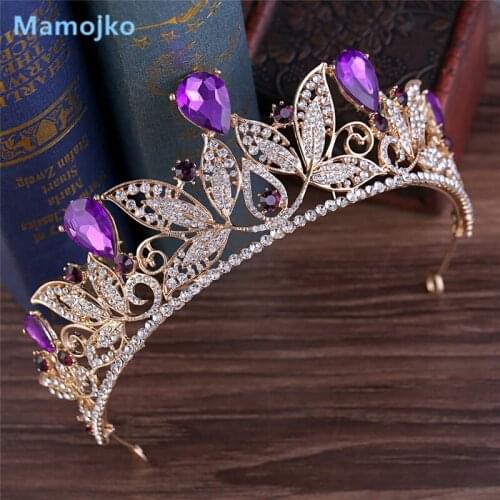Mamojko Baroque Shiny Green Red Blue Crystal Tiaras Vintage Gold Silver Rhinestone Pageant Crowns Women Wedding Hair Accessories