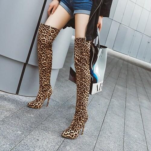 2021 Autumn Winter Female Over-The-Knee Boots Fashion Faux Suede Pointed Toe Boots Womens Super High Heel Leopard Print Shoes