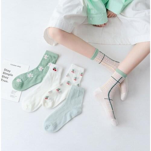 Women Long Socks 5-pairs Set Summer Breathable Thin Cartoon Printed Mesh Girls Socks Japanese Korean Style College Style