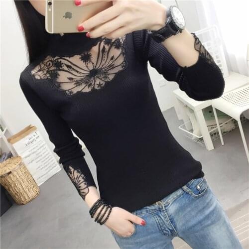 Feminine Lace Ruffled collar Rhinestone Pullovers Women Sexy Hollow out Autumn Sweaters Tops Ladies Long Sleeve stretch Jumpers