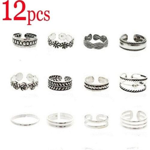 Hot 12pcs Rings Lady Unique Adjustable Opening Finger Ring Retro Carved Toe Ring Foot Beach Foot Jewelry