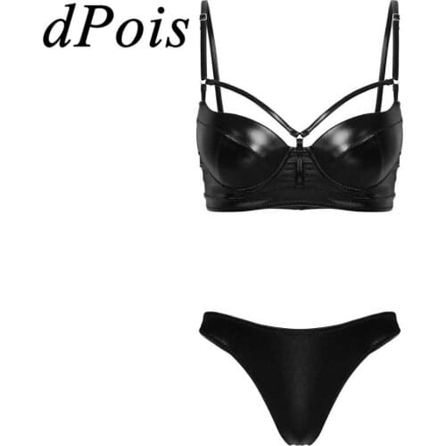 2Pcs Womens Bright Leather Swimsuit Swimwear Bathing Suit Set Push up Padded Underwired Bra Top + High Cut Thong Bikini Bottoms