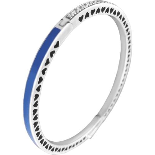 925 Sterling Silver Bracelets Bangles Radiant Hearts of Signature Bangle with Princess Blue Enamel & Clear CZ Women Jewelry