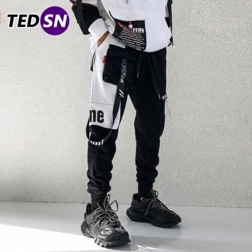 2020 Harajuku Patchwork Ribbon Pocket Mens Cargo Pants Hip Hop Sweatpants Casual Streetwear Joggers Male Track Trousers