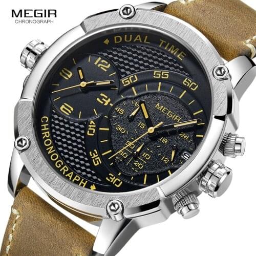 MEGIR Mens Leather Strap Sports Chronograph Quartz Watches Fashion Double Time Zone Army Waterproof Wristwtach for Man 2093GBN