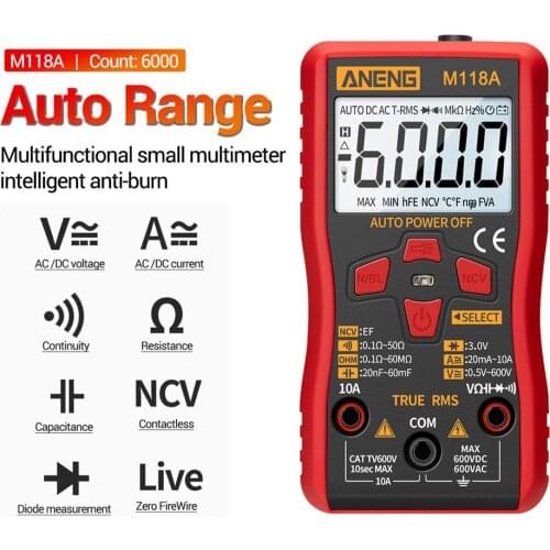 M118A Mini Digital Multimeter Durable Automatic True RMS Tester 6000 Counts Auto-ranging AC/DC Transistor Voltage Meter