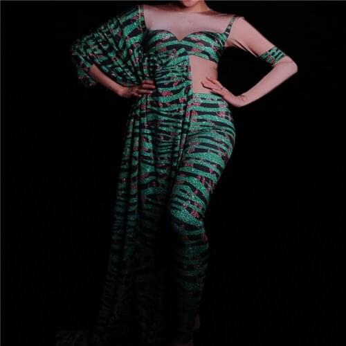 D77 Female pole dance stage bodysuit 3D printing jumpsuit dj cloak green strips outfits proom wears costumes ballroom perform ds