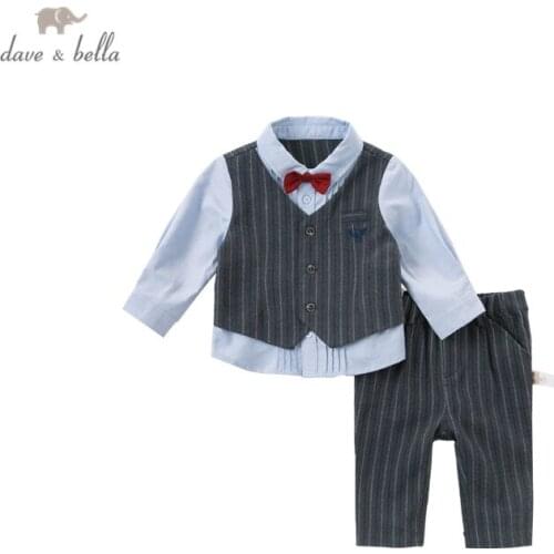 DB14881 dave bella autumn baby boys fashion removable bow striped patchwork clothing sets kids casual sets children 2pcs suit