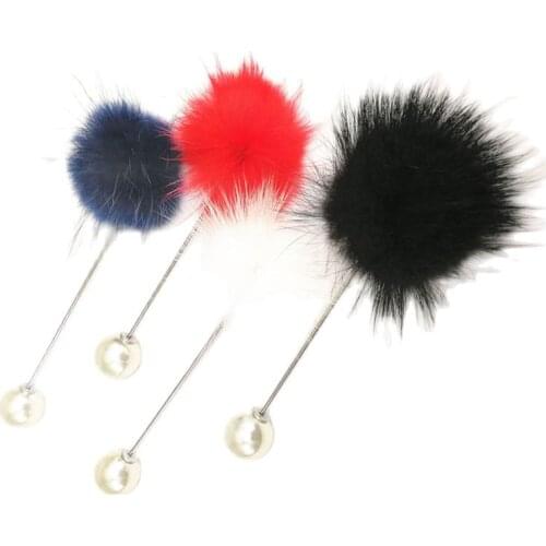 Women Simulated Pearl Faux Fur Ball Brooches Suit Shirt Corsage Lapel Stick Pin Chain Brooch Jewelry Gift