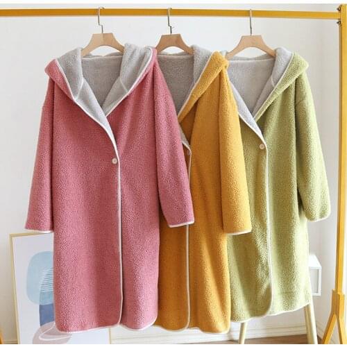 Double-layer Lamb Velvet Composite Double-sided Velvet Thick Warm Hooded Mid-length Casual Home Pajamas Bathrobe Sleepwear