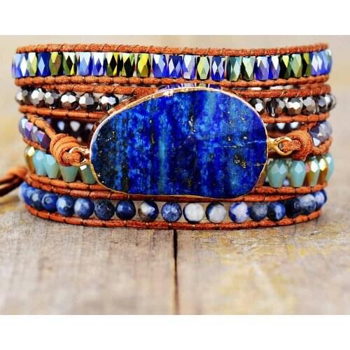 Exclusive Wrap Bracelets with Natural Stones Lapis Lazuli Leather Strap Woven Beads Bracelets Jewelry Femme Dropshipping