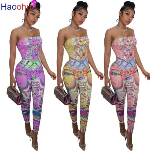 HAOOHU Women Vintage Print Sleeveless Jumpsuit for Sexy Skinny Bodycon Strapless Romper Sport Outfits Playsuit