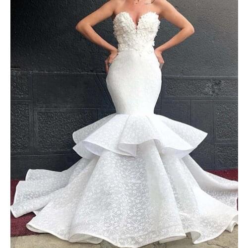 HL Off the Shoulder Sweetheart 3D-Flowers Sleeveless Lace Floor Length Mermaid Wedding Dresses