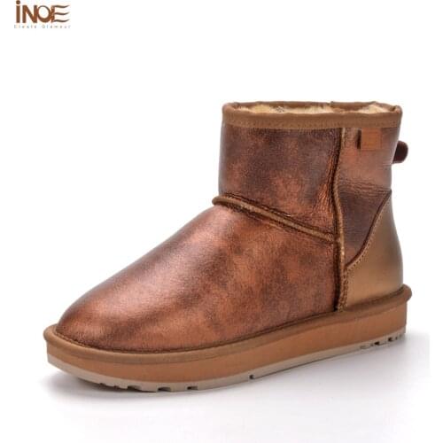 INOE Real Sheepskin Leather Woman Casual Wool Fur Lined Short Ankle Winter Snow Boots for Women Warm Shoes Bronze Waterproof