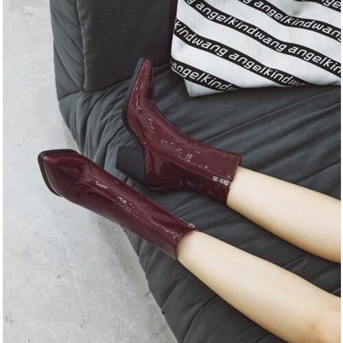 Short boots womens spring and autumn single boots and British patent leather fashionable thick heel Martin boots