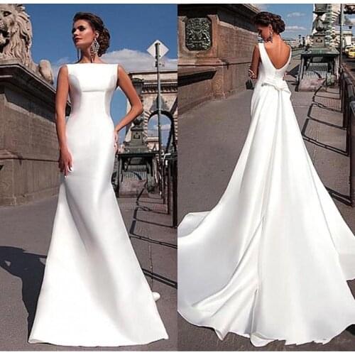 Plus Size White Satin Wedding Dress Mermaid Long Train Backless Vestido De Novia Draped Bridal Floor Length Gown Bride Dress
