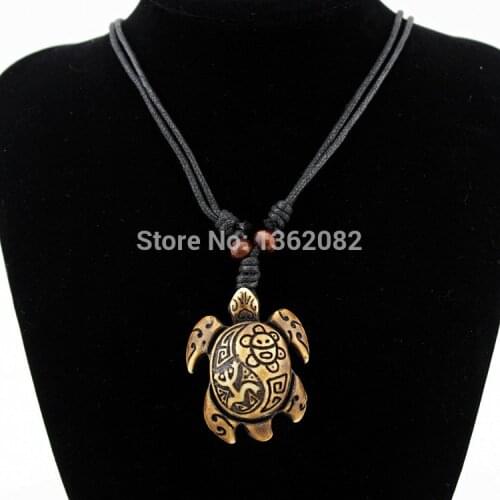 Tribal Style Imitation Bone Carved Taino Sun face Frog Surfer Turtle Pendant Charm Necklace Beaded Adjustable Rope MN173