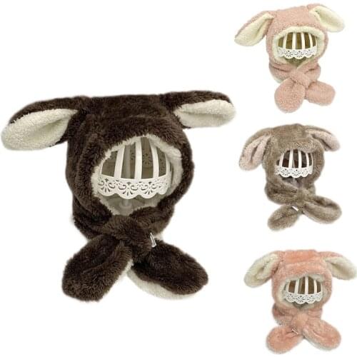 Kids Baby Winter Warm Hat Hooded Scarf Cute Cartoon Long Rabbit Ears Plush Earflap Cap Faux Fleece Windproof Neck Warmer