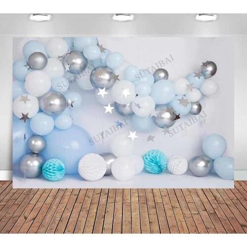 Blue Balloons Paper Balls Photography Backdrop Baby Boy Cake Smash Portrait Background Silver Stars Decor Photo Studio Backdrops