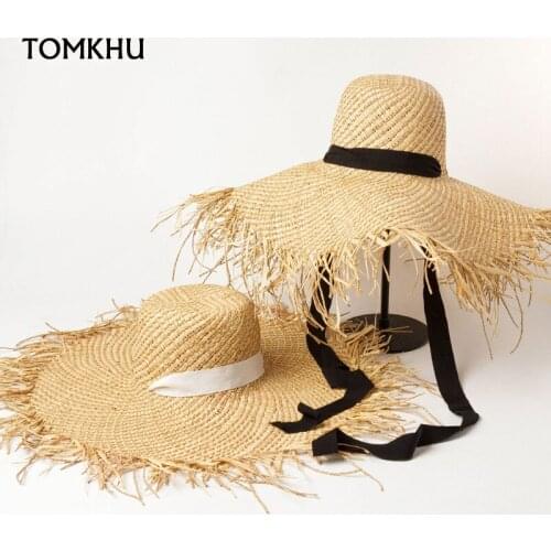 Spring Summer New Raffia Custom Mixed Woven Large Wide Brim Straw Hat Black White Strap Fashion Outdoor Leisure Beach Sun Hat