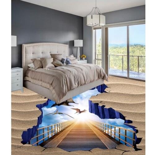 Modern sticker 3D floor The sky bird beach wooden bridge PVC floor sticker painting Murals