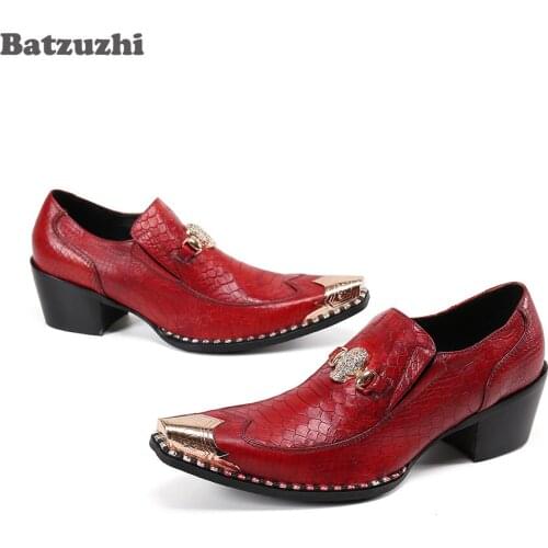Batzuzhi Vintage Business Dress Shoes Men 6.5cm High Heel Leather Shoes Men Metal Pointed Toe Red Wedding and Party Shoes Men