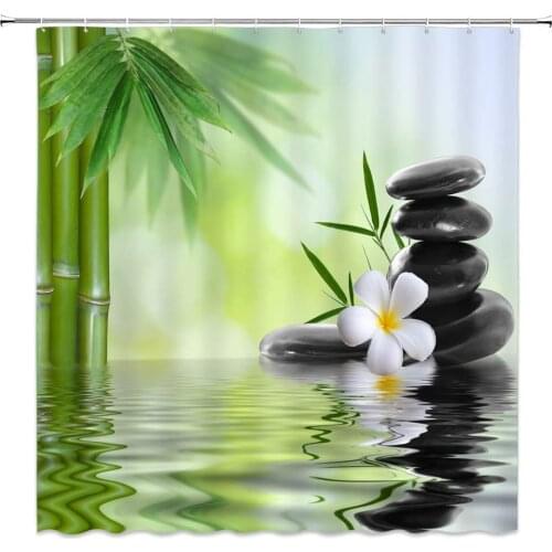 Zen Garden Shower Curtain Spa Green Bamboo Black Stone White Flower Bathroom Decor Supplies Waterproof Shower Curtains Polyester