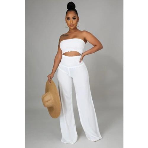 2021 Best Quality Famous Brand 2 pcs Women Set Solid Slash Neck Strapless Short Tops Long Pants Summer Casual Outfits