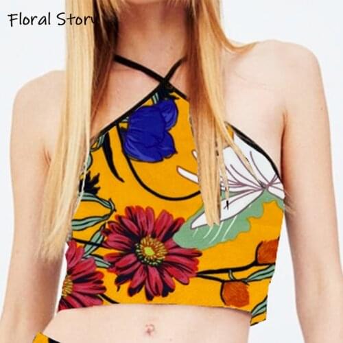 Woman Bandage Crop Top Free Shipping Summer Beach Bellyband FLORAL STORY Y2K Lace Up Cami 90s Boho Printed Backless Halter Tops